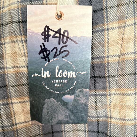 In Loom Plaid Peplum Blouse Sz M Beige Gray Ruffle Sleeve Long Sleeve Casual Top - Picture 5 of 9